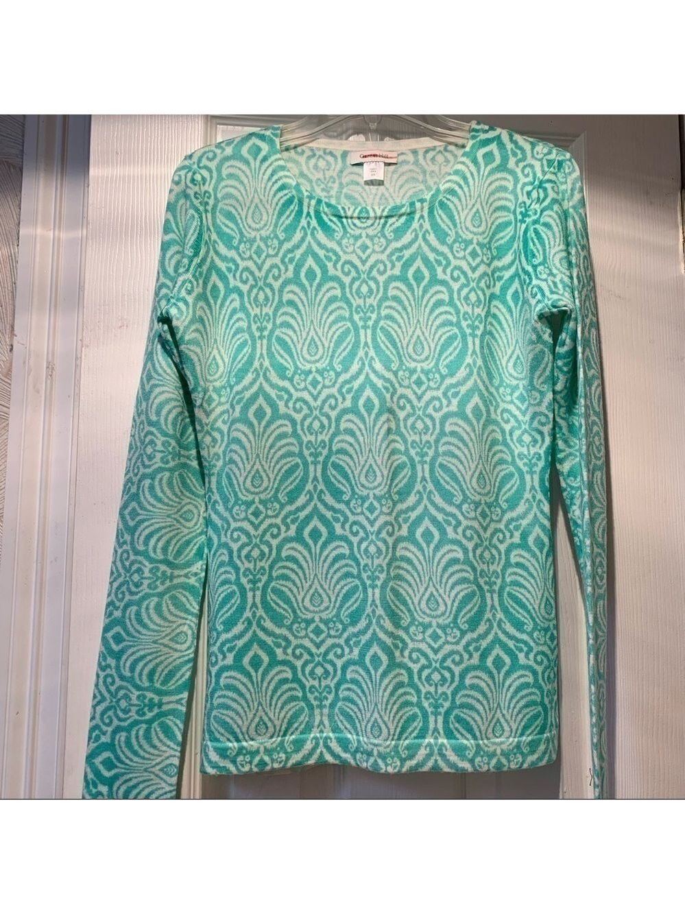 GARNET HILL green merino damask print crew neck long sleeve sweater fall winter